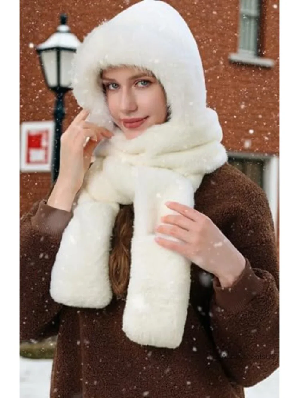 3 in 1 Winter Hooded Scarf Set with Faux Fur Trim Hat and Gloves